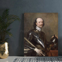 Load image into Gallery viewer, A portrait of a man dressed in historical royal clothes with armor stands on a white table