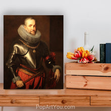 Load image into Gallery viewer, A portrait of a man dressed in a historical royal suit with armor stands on a wooden table
