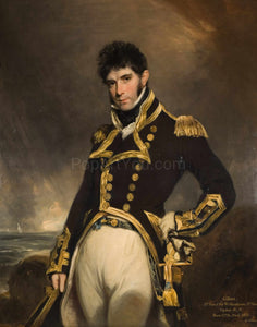 The portrait shows a man standing against the sea dressed in black regal attire