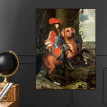 Load image into Gallery viewer, A portrait of a man dressed in historical regal clothes running on a huge dog hangs on the dark wall next to the globe