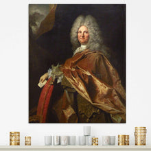 Load image into Gallery viewer, A portrait of a man with long white hair dressed in historical royal clothes with a bronze cloak hangs on a white wall