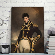 Load image into Gallery viewer, A portrait of a man dressed in black royal clothes stands on a table next to books against a white brick wall