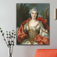 Load image into Gallery viewer, Portrait of a woman with gray hair dressed in regal attire hangs on a white wall next to a vase of flowers