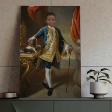 Load image into Gallery viewer, Portrait of a boy dressed in royal clothes stands on a green table near a flowerpot