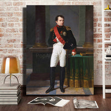 Load image into Gallery viewer, A portrait of a man dressed in renaissance regal attire standing near a green table stands on the floor next to the books