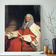 Load image into Gallery viewer, A portrait of a man with long white hair dressed in historical royal clothes stands on a white table next to a vase