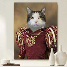 Load image into Gallery viewer, A portrait of a cat with a human body dressed in royal clothes of a prince hangs on a beige wall near two vases