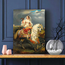 Load image into Gallery viewer, Portrait of a woman riding on a white horse dressed in a royal white dress stands on a wooden table