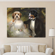 Load image into Gallery viewer, Portrait of a pair of two dogs with human bodies dressed in white and black royal clothes hanging on a beige wall above the sofa