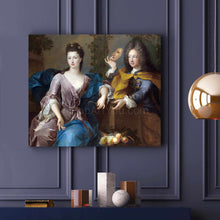 Load image into Gallery viewer, Portrait of a couple dressed in historical royal attires hanging on a purple wall above two books