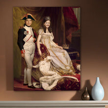 Load image into Gallery viewer, Portrait of a couple dressed in white royal clothes hangs on a beige wall above two vases
