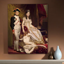 Load image into Gallery viewer, Portrait of a couple dressed in white royal clothes hangs on a beige wall above two vases