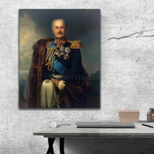 Load image into Gallery viewer, A portrait of an elderly man dressed in an imperial costume hangs on a gray wall
