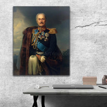 Load image into Gallery viewer, A portrait of an elderly man dressed in an imperial costume hangs on a gray wall