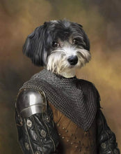 Load image into Gallery viewer, Painting of a dog head on human body, dressed as a knight
