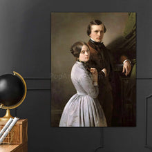 Load image into Gallery viewer, Portrait of a couple dressed in historical royal clothes hangs on a black wall near a black globe
