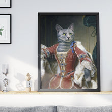 Load image into Gallery viewer, Portrait of a female cat with a human body dressed in a red royal dress with a white gown stands on a wooden shelf above the bed