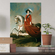 Load image into Gallery viewer, Portrait of a woman riding on a horse dressed in a red royal dress with a hat hanging on a gray wall next to a flower in a pot
