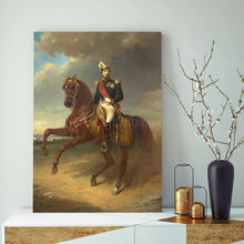 Load image into Gallery viewer, A portrait of a man sitting on a horse dressed in a historical royal costume stands on a golden table next to a gray vase