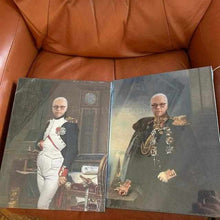 Load image into Gallery viewer, On a brown leather chair is a portrait of an elderly man dressed in renaissance royal clothes