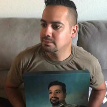 Load image into Gallery viewer, A man holding a portrait of himself dressed in a historical sergeant costume