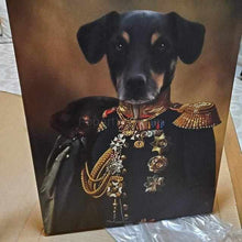 Load image into Gallery viewer, Canvas with a portrait of a dog's head on a human body, dressed in a general's costume