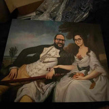 Load image into Gallery viewer, The portrait shows a couple with glasses dressed in white royal clothes
