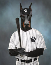 Load image into Gallery viewer, The portrait shows a dog with a human body wearing white baseball clothes with a black bat