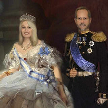 Load image into Gallery viewer, The portrait shows a couple dressed in white regal attires clothes with a crown and medals
