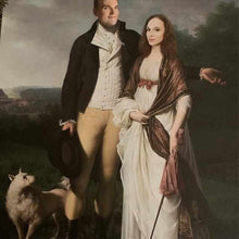 Load image into Gallery viewer, The portrait shows a couple dressed in historical royal attires standing in the forest with a dog