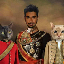 Load image into Gallery viewer, The portrait shows a man dressed in royal clothes and two cats with the bodies of people