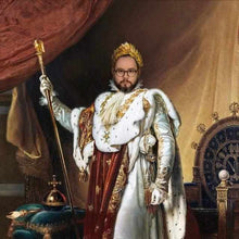 Load image into Gallery viewer, The portrait shows a man with glasses, dressed in a Napoleon Bonaparte suit