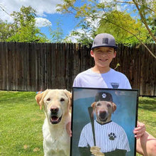 Load image into Gallery viewer, Boy with dog holding a portrait of a dog with a human body dressed in baseball clothes with a bat