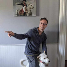 Load image into Gallery viewer, A man and a dog stand next to their portrait where a man sits on a large dog in royal attire
