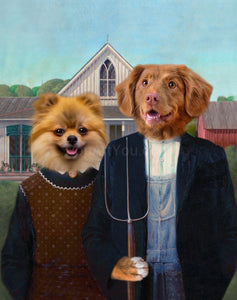 The portrait shows two dogs with human bodies dressed in black gothic attires with pitchforks