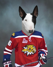 Load image into Gallery viewer, The portrait shows a dog with a human body dressed in red hockey attire
