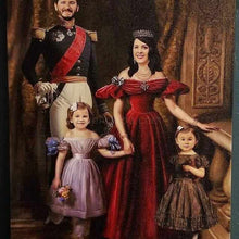 Load image into Gallery viewer, The portrait shows a family dressed in historical regal attires standing on the balcony