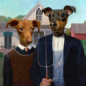 The portrait shows two dogs with human bodies dressed in historical gothic attires with pitchforks