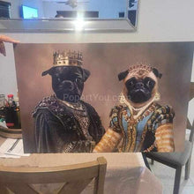 Load image into Gallery viewer, Portrait of two dogs with human bodies dressed in historical royal attires standing on a white chair