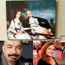 Load image into Gallery viewer, A portrait of a couple dressed in historical royal clothes hangs on a beige wall above real photographs of this couple