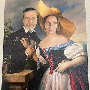 The portrait shows an elderly couple dressed in historical royal attires with a hat