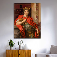 Load image into Gallery viewer, A portrait of a man dressed in gold royal attire hangs on a white wall above a white chair