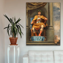 Load image into Gallery viewer, A portrait of a man dressed in gold Greek clothes sitting on a throne hangs on the white wall above the sofa
