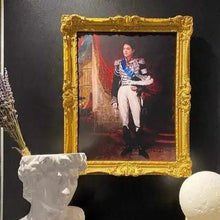 Load image into Gallery viewer, On the black wall in a gold frame hangs a portrait of a man dressed in renaissance regal attire