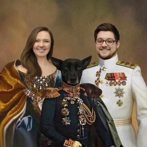 The portrait shows a couple with a dog with a human body dressed in historical royal attires