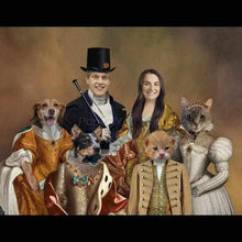 Load image into Gallery viewer, The portrait shows a couple with two dogs and two cats with bodies of people dressed in historical royal clothes