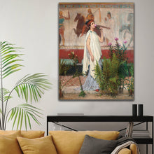 Load image into Gallery viewer, Portrait of a Greek woman dressed in white royal clothes hangs on a white wall near a yellow sofa