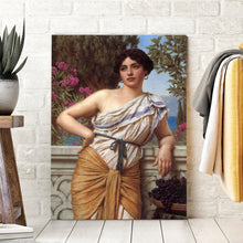 Load image into Gallery viewer, Portrait of a greek woman dressed in royal clothes stands on a wooden floor near a white brick wall