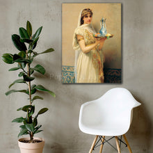 Load image into Gallery viewer, A portrait of a Greek woman dressed in a yellow royal robe hangs on a gray wall near a white chair