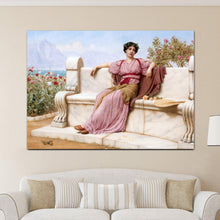 Load image into Gallery viewer, Portrait of a greek woman dressed in a pink royal dress hangs on a beige wall above the sofa